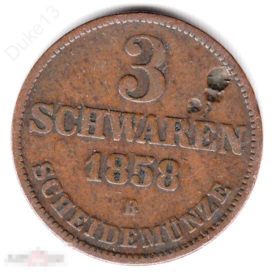 Германия - Ольденбург - 3 шварен 1858 В - Нечастая, Неплохой сохран 