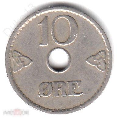 Норвегия - 10 эре 1927 -  С ОТВЕРСТИЕМ - НИКЕЛЬ, НЕЧАСТАЯ, НЕПЛОХОЕ СОСТОЯНИЕ 