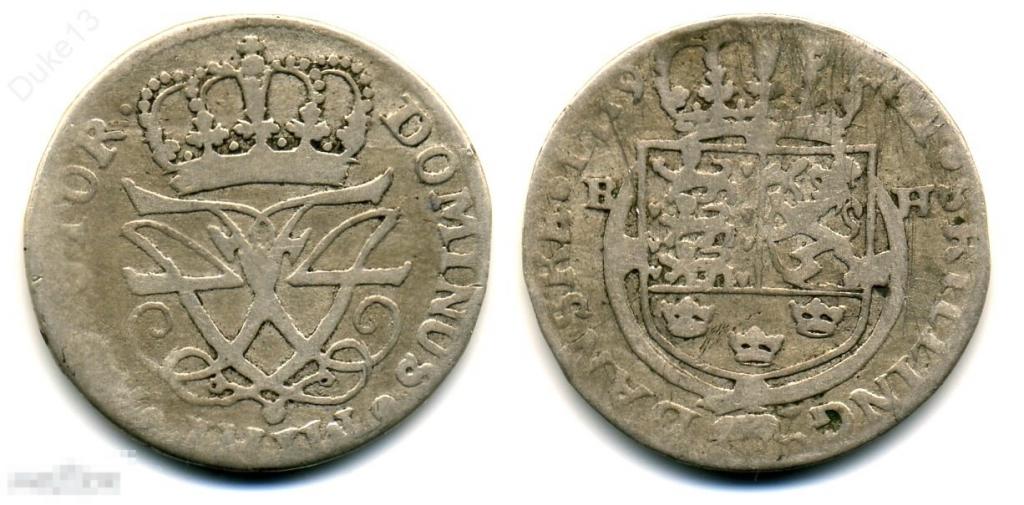 Дания - 12 скиллингов 1719 BH - Серебро, РЕДКАЯ ! Неплохой Сохран 