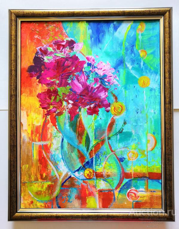 Картина. Пионы в солнечных зайчик. Акрил на картоне 30 на 40 см