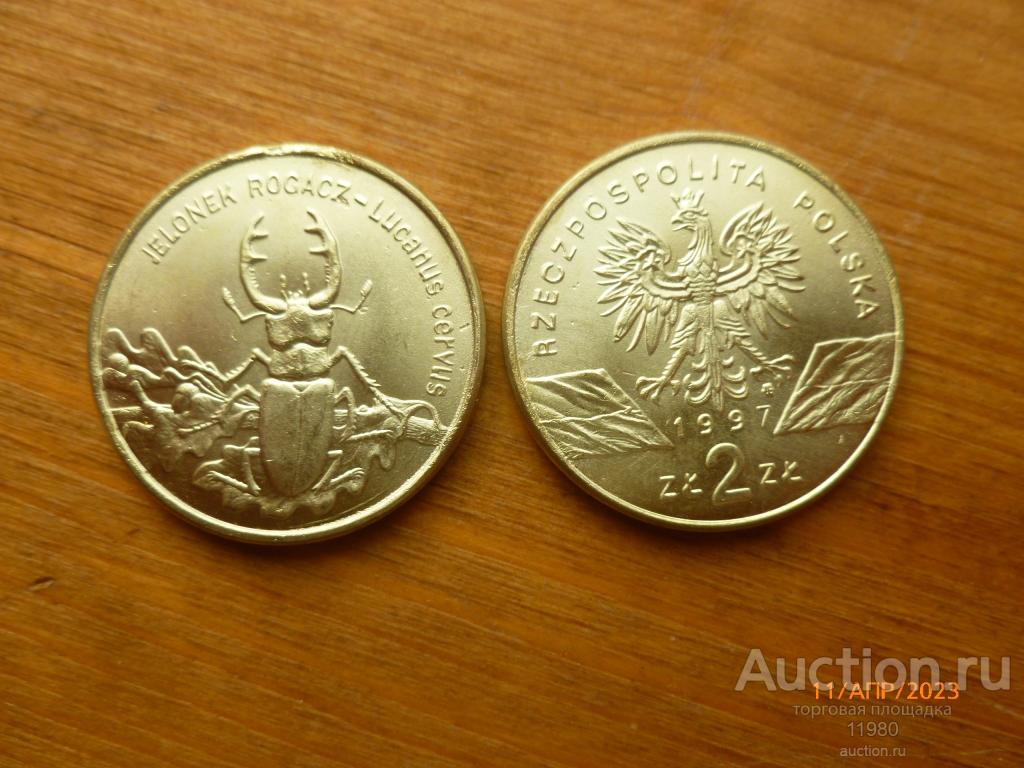 2 злотых 1997 г. Всемирная природа - Жук-Олень. Польша. Копия немагнитная.