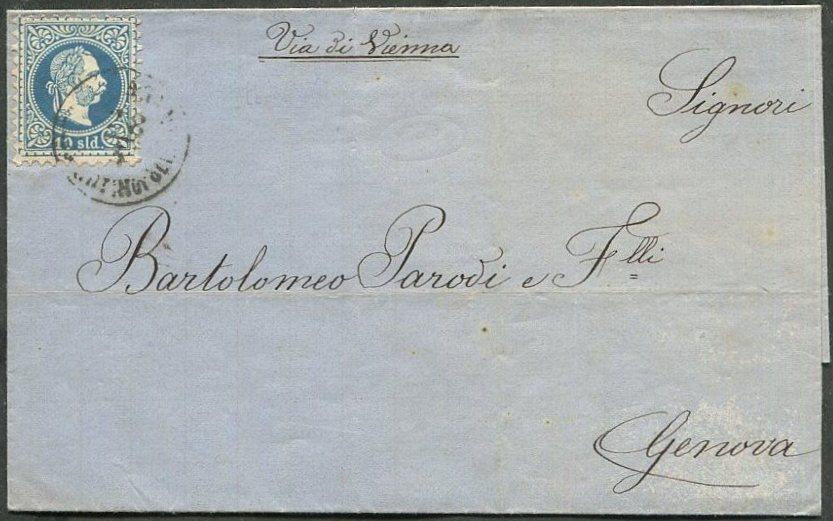ПАРОХОДНАЯ ПОЧТА 1876 Австрийский Левант Турция шт. LLOYD AGENZIE COSTANTINOPOLI письмо⇒Генуя Италия