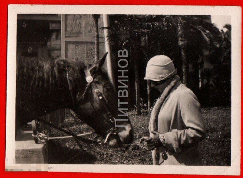 73279 США девушка и конь лошадь сбруя шляпка мода перчатки уздечка фотография 1927 