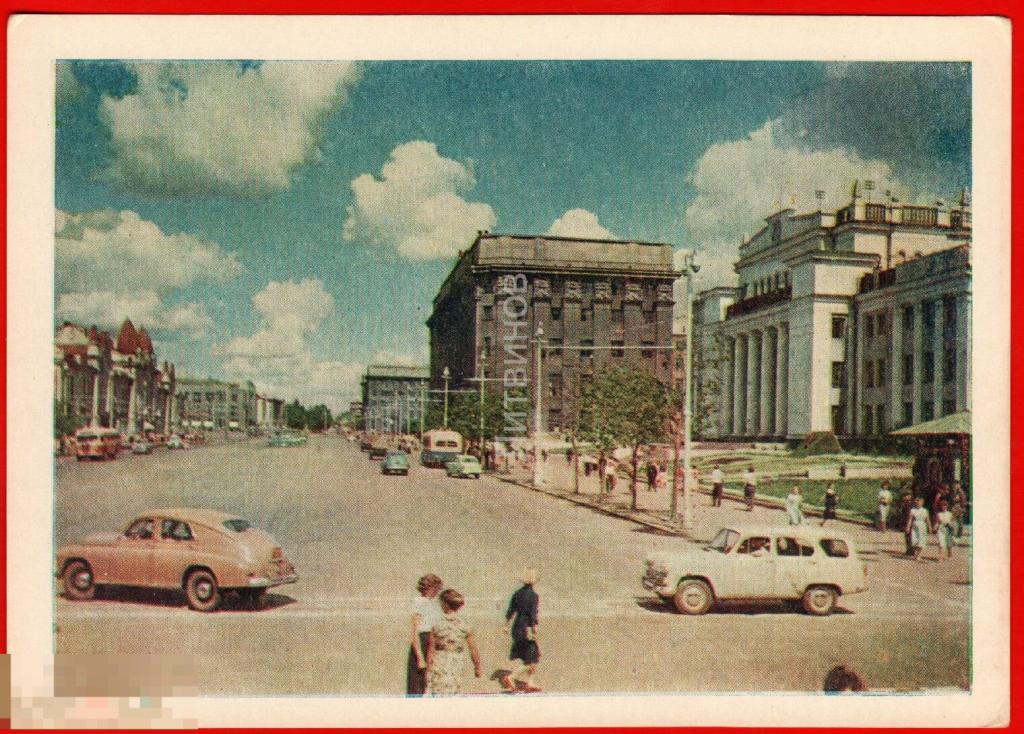 104847 Новосибирск Красный проспект автомобиль ГАЗ М20 Победа Москвич люди филателия чистая 1962 