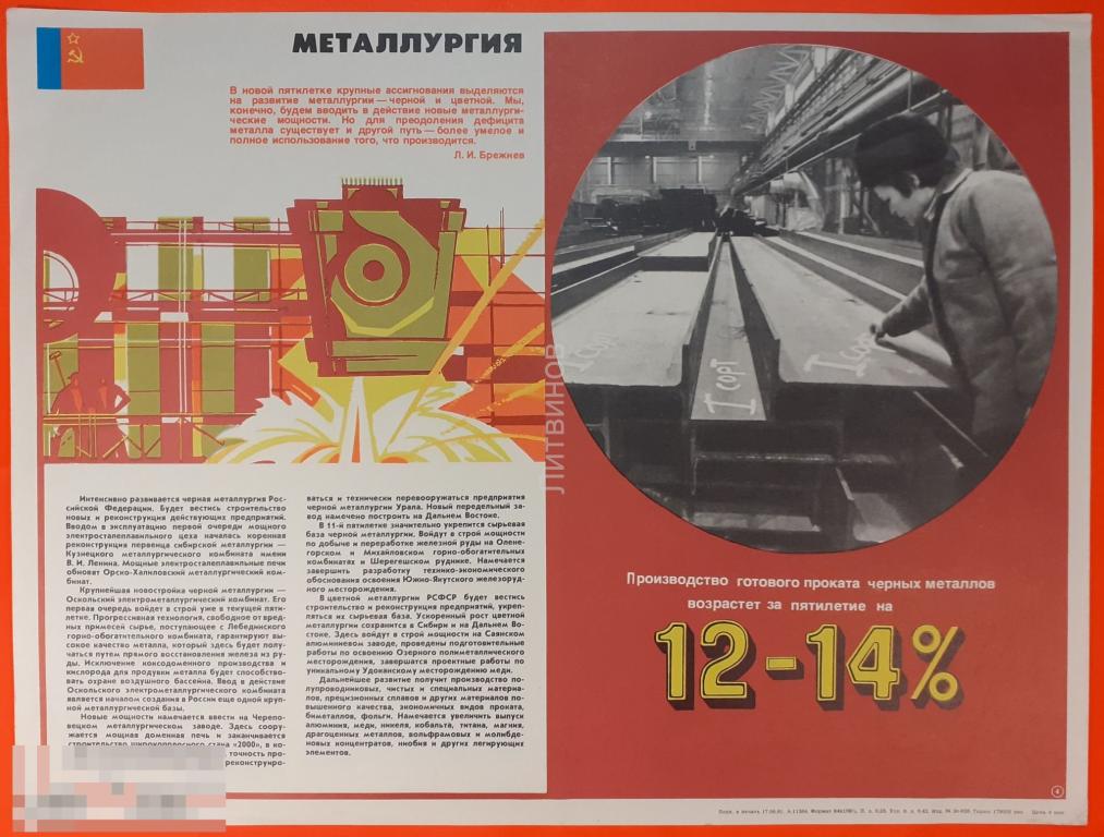 Советский агитационный плакат Металлургия РСФСР Цитата Л И Брежнева 1981 Размер 40х53 см 
