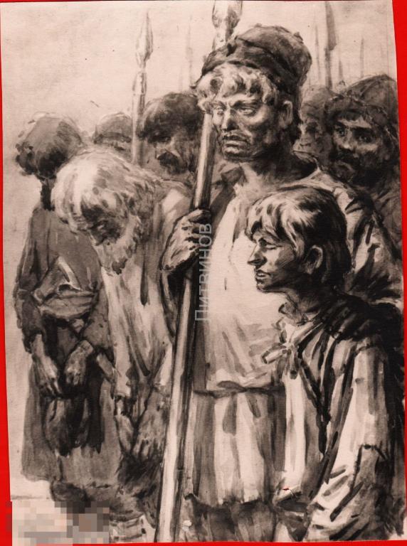 107476 Драгунова беглые на Дон крестьянин русский мужик мальчик топор копьё живопись 