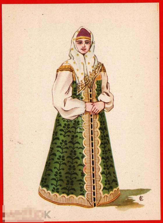 101328 Женский костюм Уральск русский национальный кокошник сарафан девушка ВДНТ Крупской 1957 