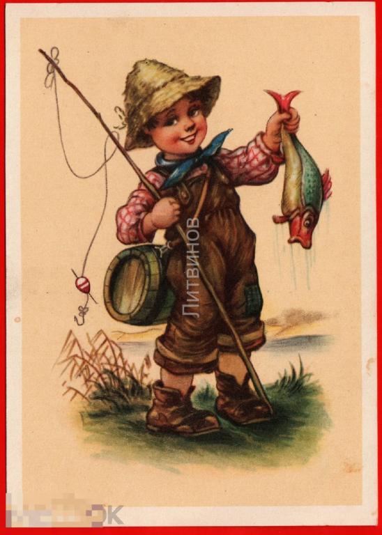 100646 Рыбак рыбачок удочка карась бочонок бочка соломенная шляпа 30-е 