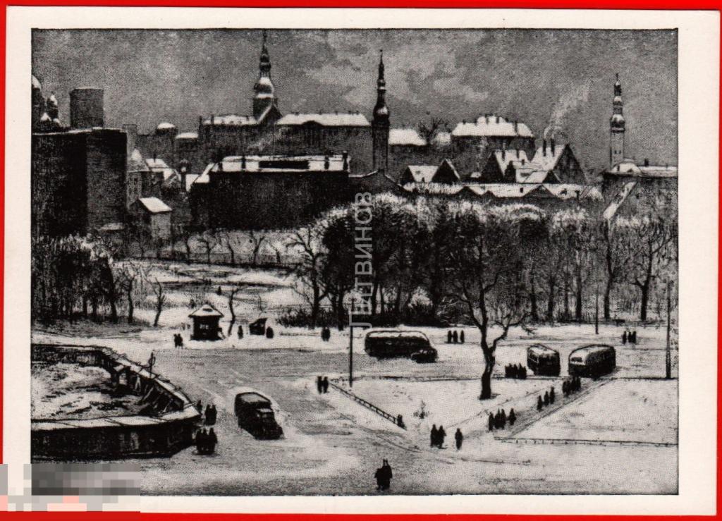 101424 Кютт Таллин зимой Эстония зимний пейзаж автобус живопись чистая 1961 