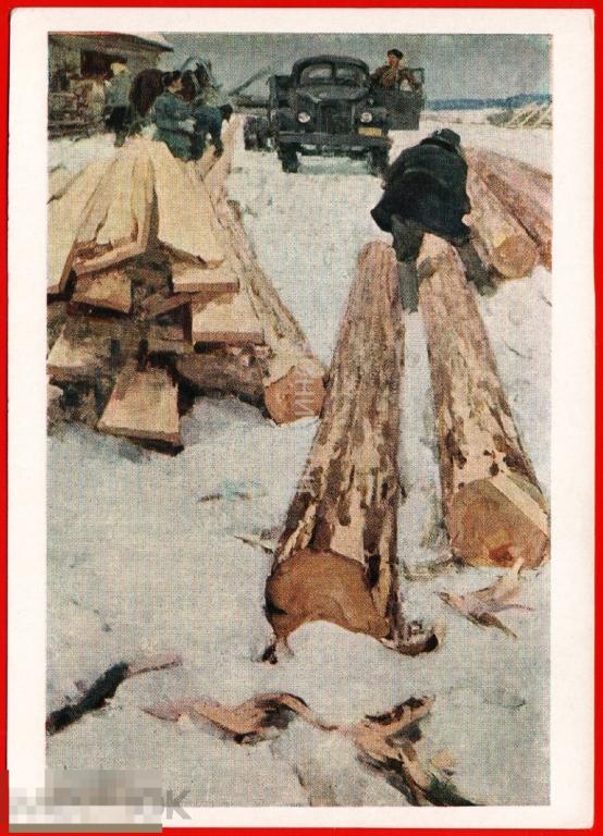 101375 Шумилов сельская новостройка Строитель плотник бревна доски грузовик лошадь строительство 