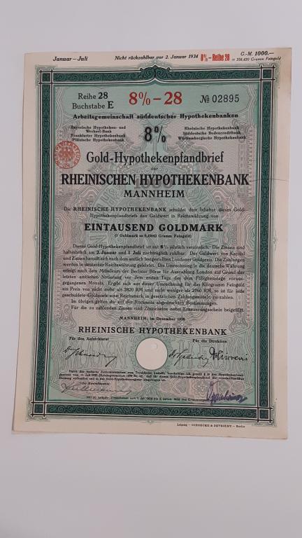 Облигация обязательство Hypothekenpfandbrief 8% Германия 1928 ГАШЕННАЯ Редкие Состояние Папка АБ1