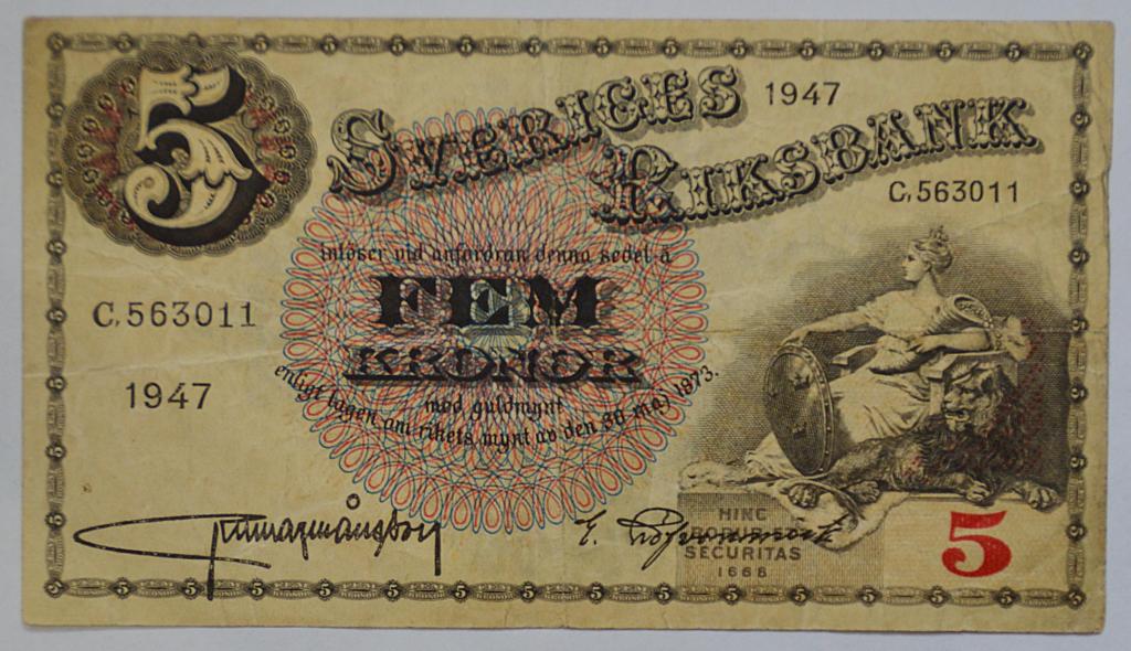 Швеция 5 крон 1947 (С32)