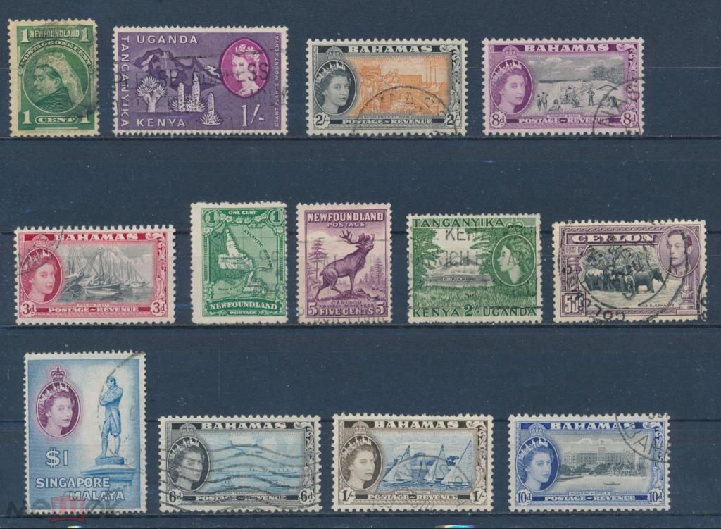 БАГАМЫ, ЦЕЙЛОН, НЬЮФАУНДЛЕНД. Королева Елизавета 2, карта, фауна, лодки, здания.