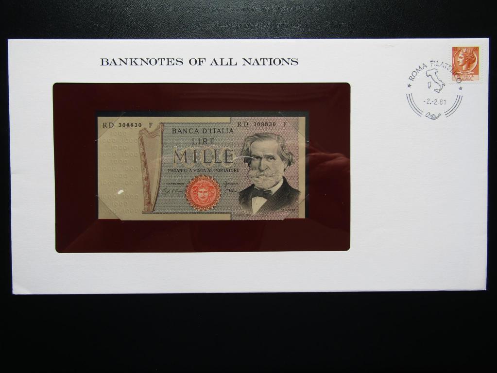 Италия - 1000 лир 1980г. аUNC. Конверт Banknotes of all Nations с маркой.