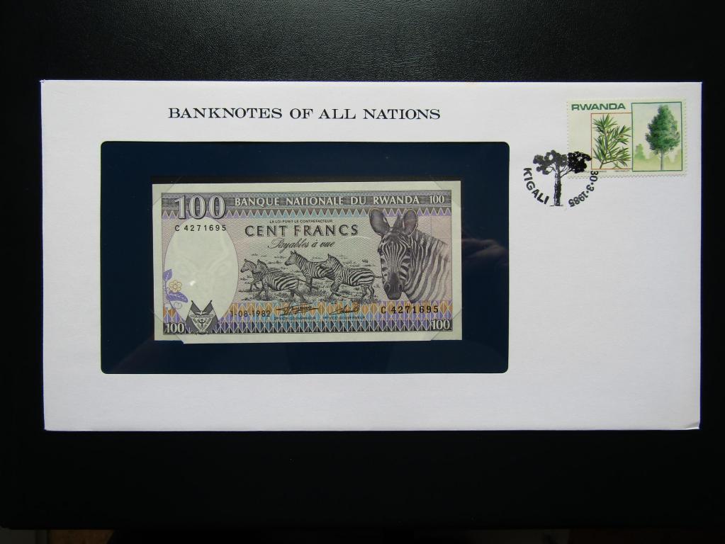 Руанда - 100 франков 1982г. аUNC. Конверт Banknotes of all Nations с маркой.