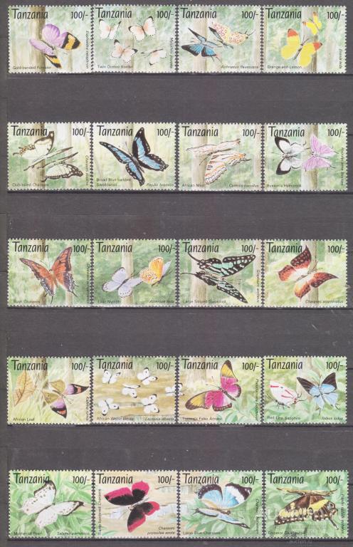 Танзания 1993 бабочки Mi1653-1672 MNH