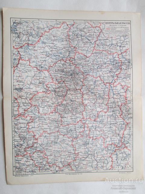 Карта Центральной России Т-во Просвещение в С.П.Б. Хромолитография 1904 года