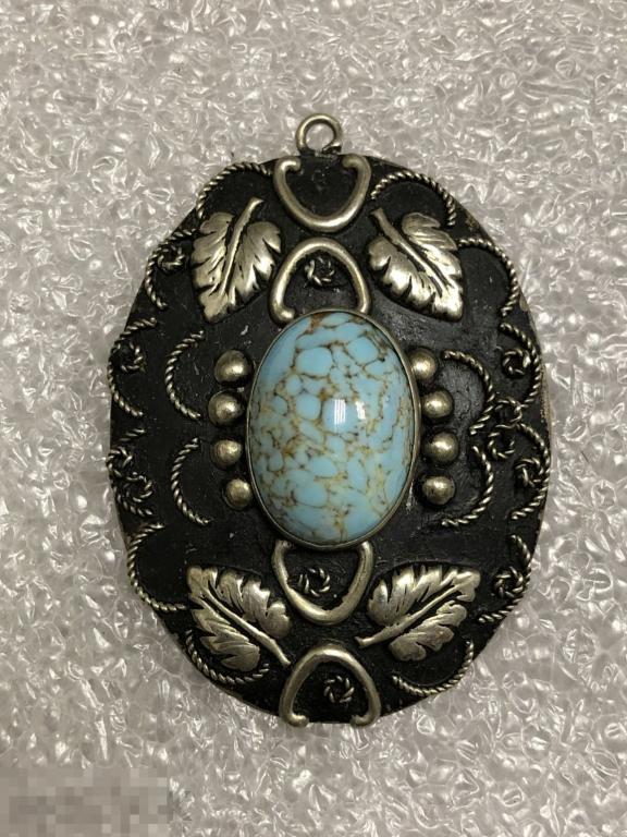 КУЛОН, ПОДВЕСКА С ГОЛУБЫМ КАМНЕМ, СТЕКЛО, ЧЕХОСЛОВАКИЯ, ВИНТАЖ 