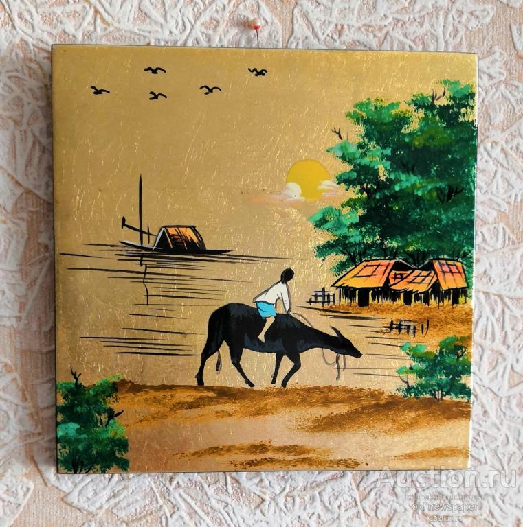 Лаковая миниатюра. Человек на буйволе, Размер 15 х 15 см. Вьетнам,