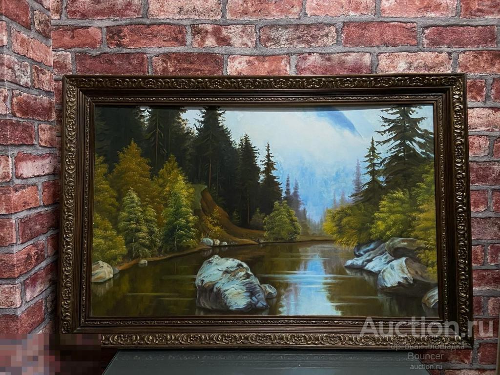 Картина "Горная река". Холст на оргалите, масло. Деревянная рама 