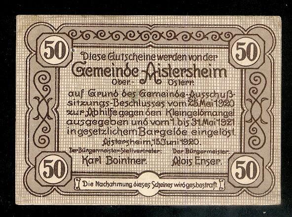 Нотгельд, Австрия. Aistersheim 50 геллеров 1920, с надпечаткой - пахарь RRR