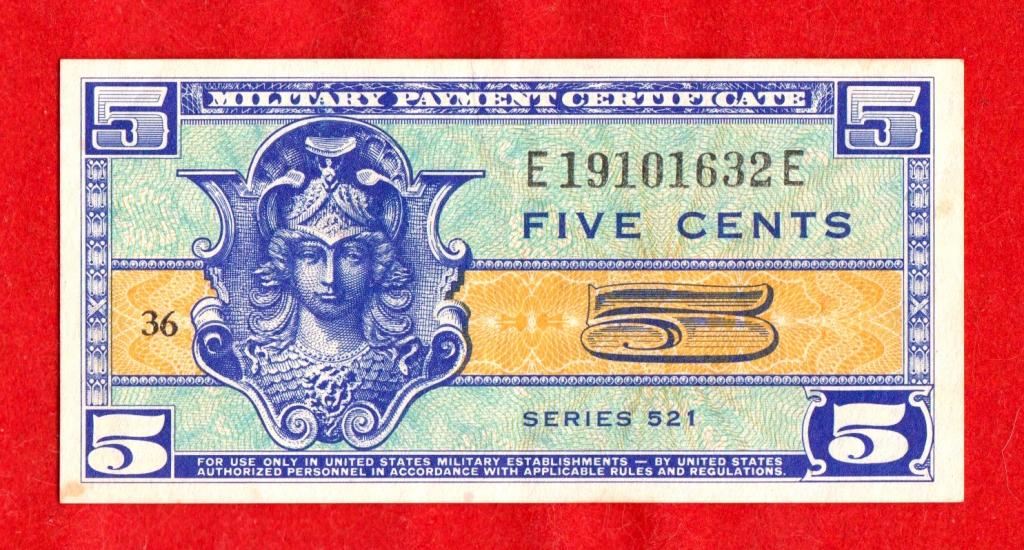 США, 5 центов, 1954-1958 гг., военный сертификат, 1954, XF, Серия 521, E19101632E