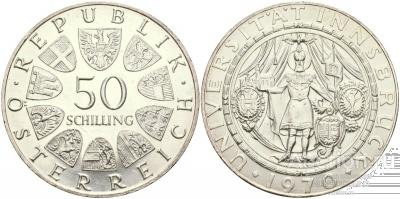Австрия 50 шиллингов, 1970 300 лет Инсбрукскому университету