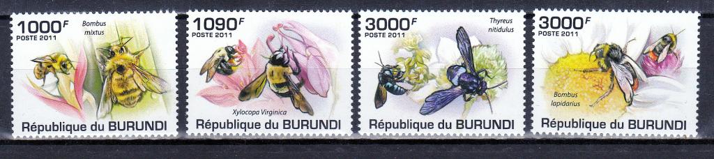 Марки Бурунди 2011 г. Пчелы Серия 4 марки MNH ** Фауна Насекомые