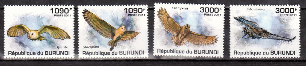 Марки Бурунди 2011 г. Совы Серия 4 марки MNH **  Фауна Хищные птицы