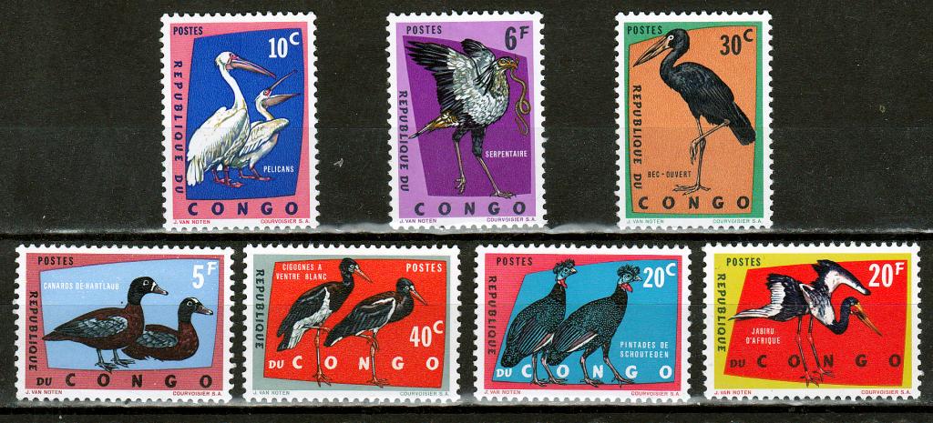 Марки Конго 1963 г. Цапли Серия 7 марок  MNH **  Фауна Птицы