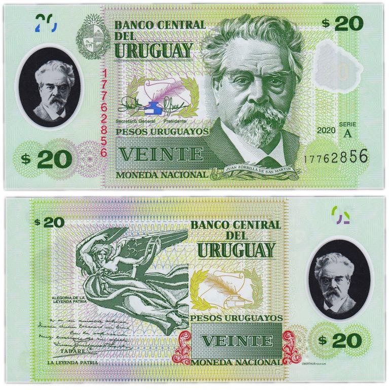 Уругвай 20 песо 2020 полимер