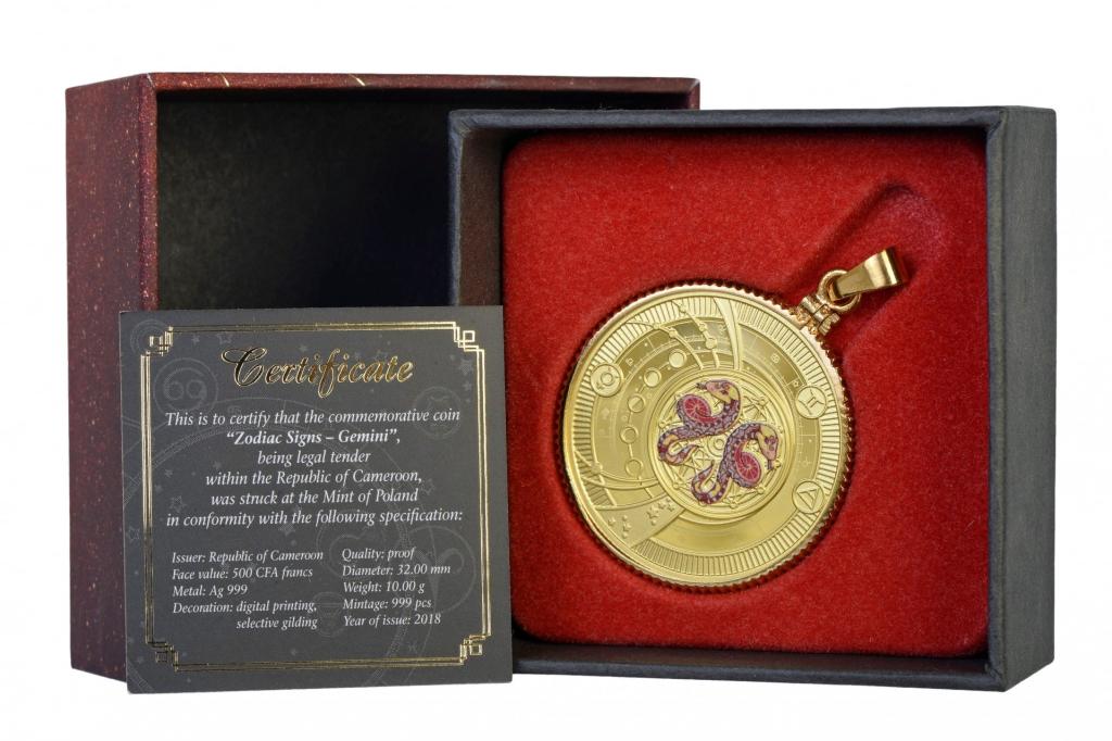 Камерун 500 франков 2018 Близнецы Монета с подвеской Знаки зодиака позолота Серебро Пруф