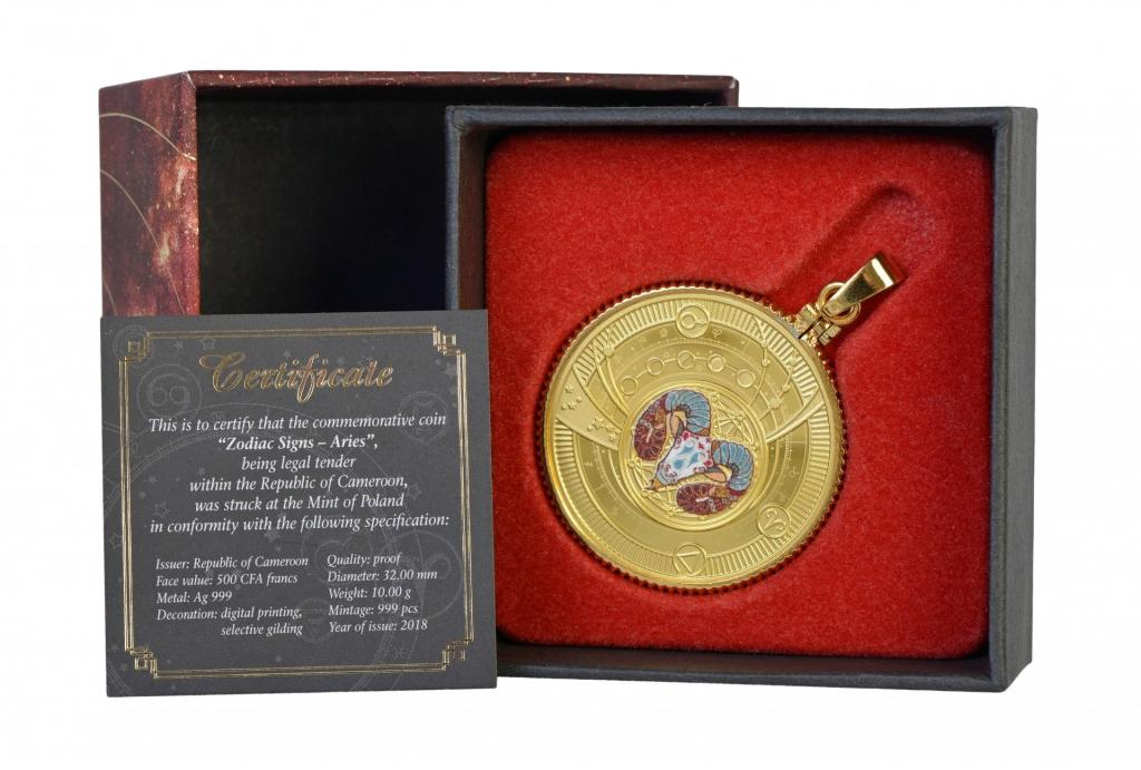 Камерун 500 франков 2018 Овен Монета с подвеской Знаки зодиака позолота Серебро Пруф