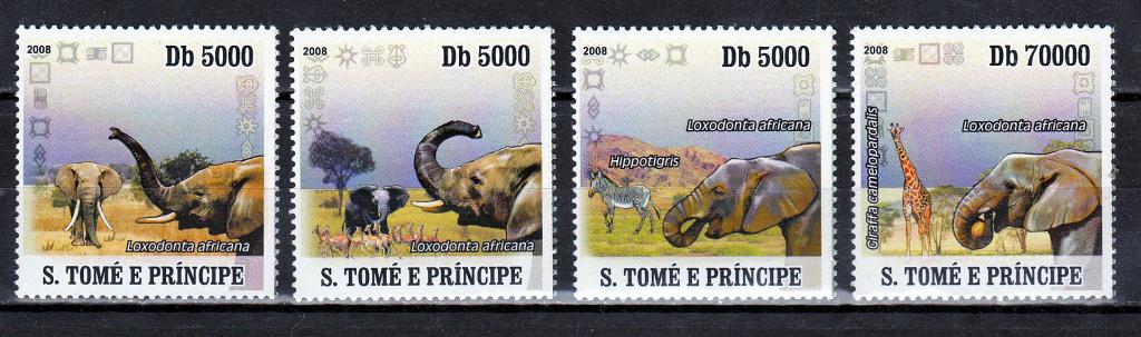 Марки Сан Томе и Принсипи 2008 г. Слоны Серия 4 марки MNH ** Фауна