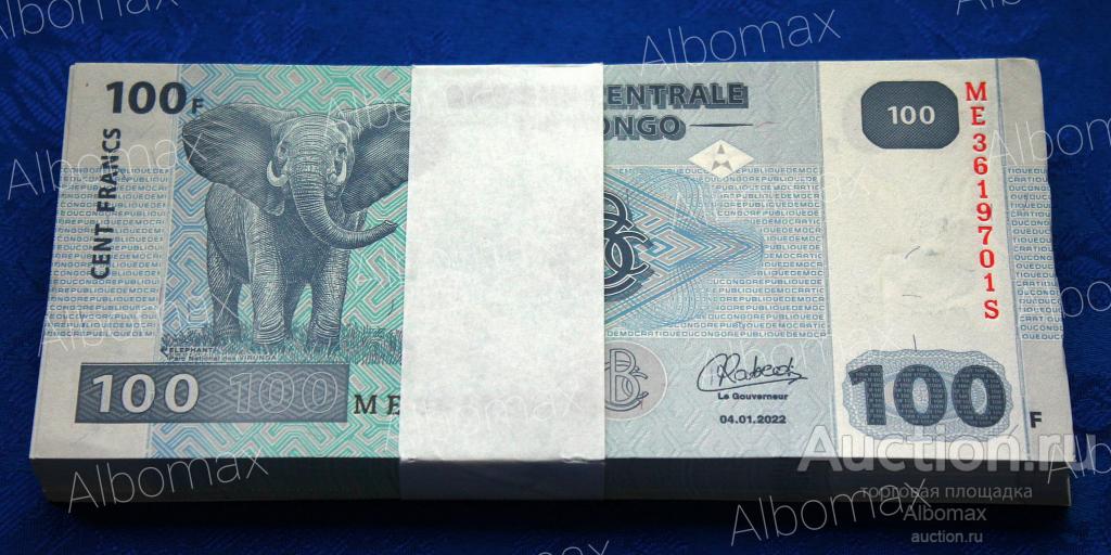 Конго 100 франков 2022 год ПРЕСС UNC - ПАЧКА, КОРЕШОК - ОПТОВЫЙ ЛОТ 100шт