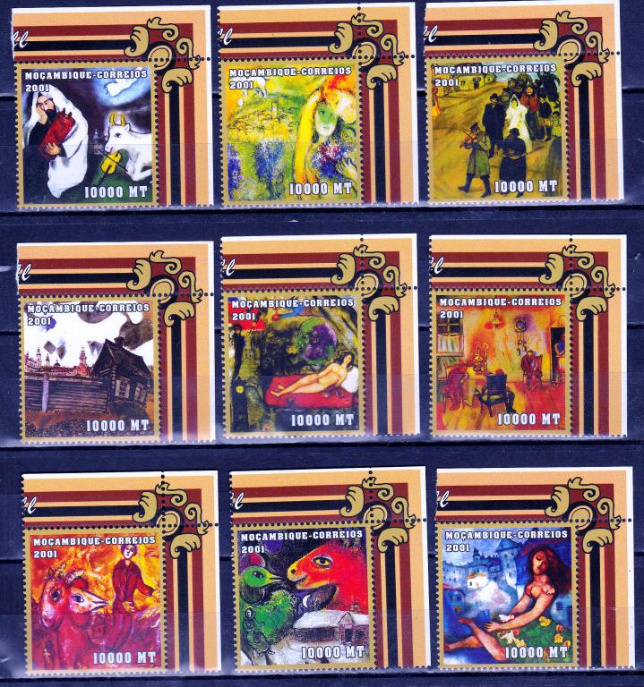 Марки  Мозамбик 2001 г. Живопись Серия 9 марок MNH **  Искусство