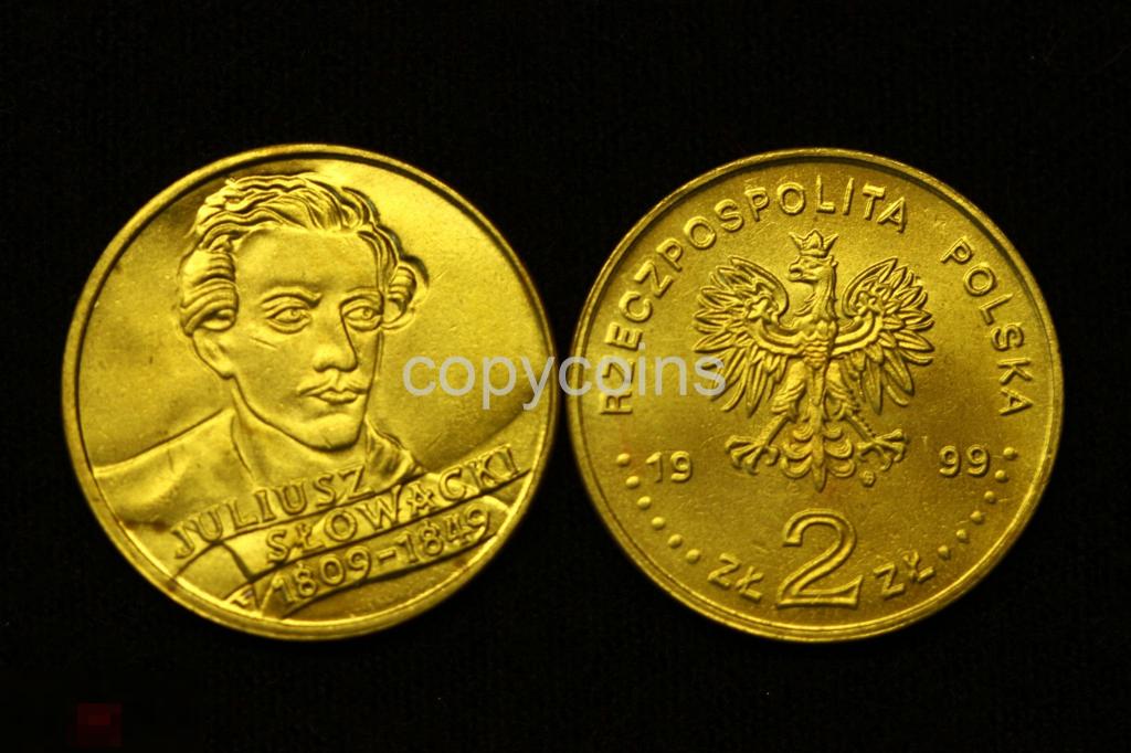 2 злотых 1999 года Польша Юлиус Словацки 1809-1849гг бронза 344 