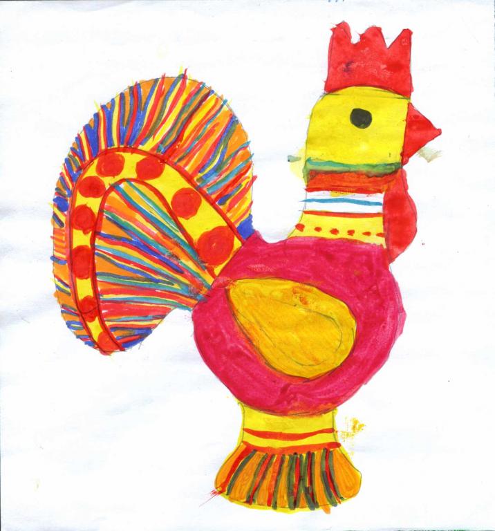 Детский рисунок Петушок акварель фломастеры 20,5х19 см