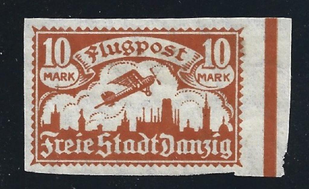 1923, БЕЗ ЗУБЦОВ разновидность ДАНЦИГ марка РЕЙХ самолет авиапочта Контрольный Знак
