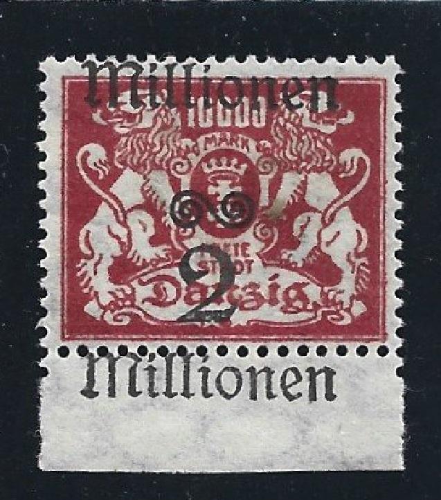 1923, СДВИГ ДВОЙНАЯ НАДПЕЧАТКА разновидность ДАНЦИГ марка РЕЙХ ошибка, 2 миллиона