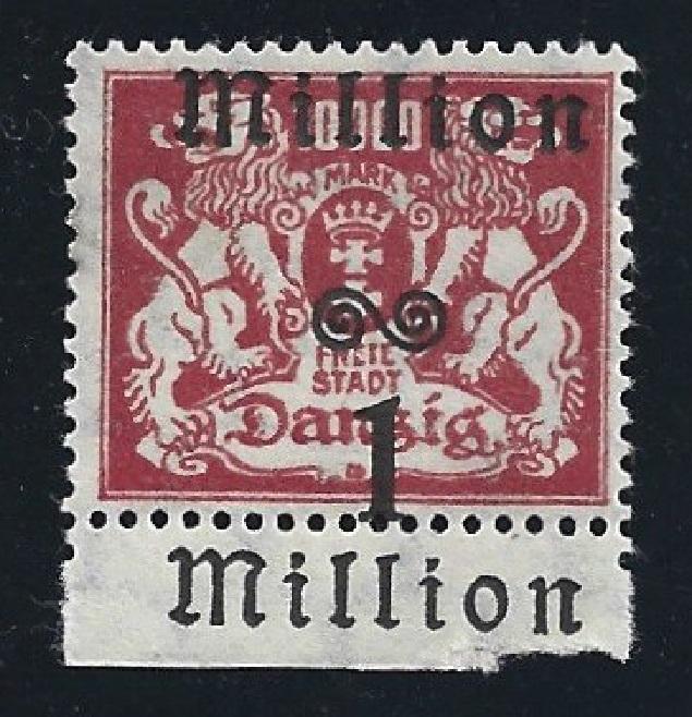 1923, СДВИГ ДВОЙНАЯ НАДПЕЧАТКА разновидность ДАНЦИГ марка РЕЙХ ошибка, 1 миллион