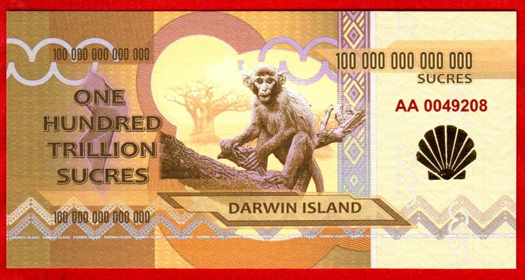 100 триллионов рублей макфа. Банкноты остров Дарвина. Банкнота с обезьяной. Банкнота с Дарвином. Галапагосские острова купюры.