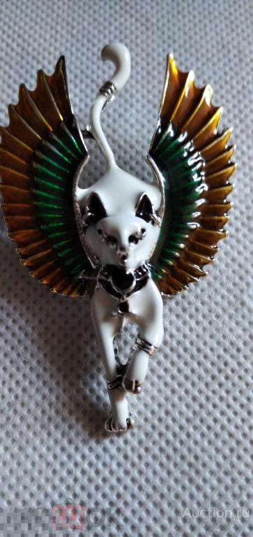 Брошь, кот-Ангел, эмаль, посеребрение, сплав. 