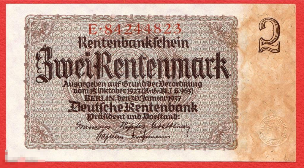 2 рентенмарки марки 1937 Германия Веймарская республика aUNC 