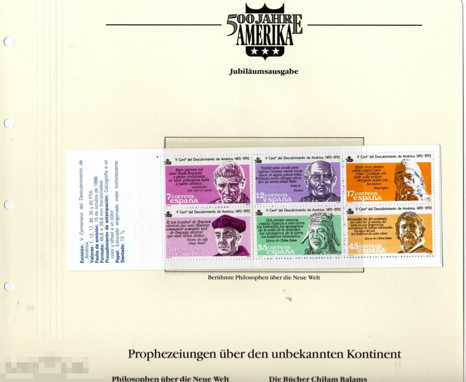 ИСПАНИЯ 1986 КОЛУМБ ОТКРЫТИЕ АМЕРИКИ ПЕРСОНА АРИСТОТЕЛЬ СЕНЕКА МЫСЛИТЕЛЬ ВОИН ПОЛКОВОДЕЦ БУКЛЕТ 