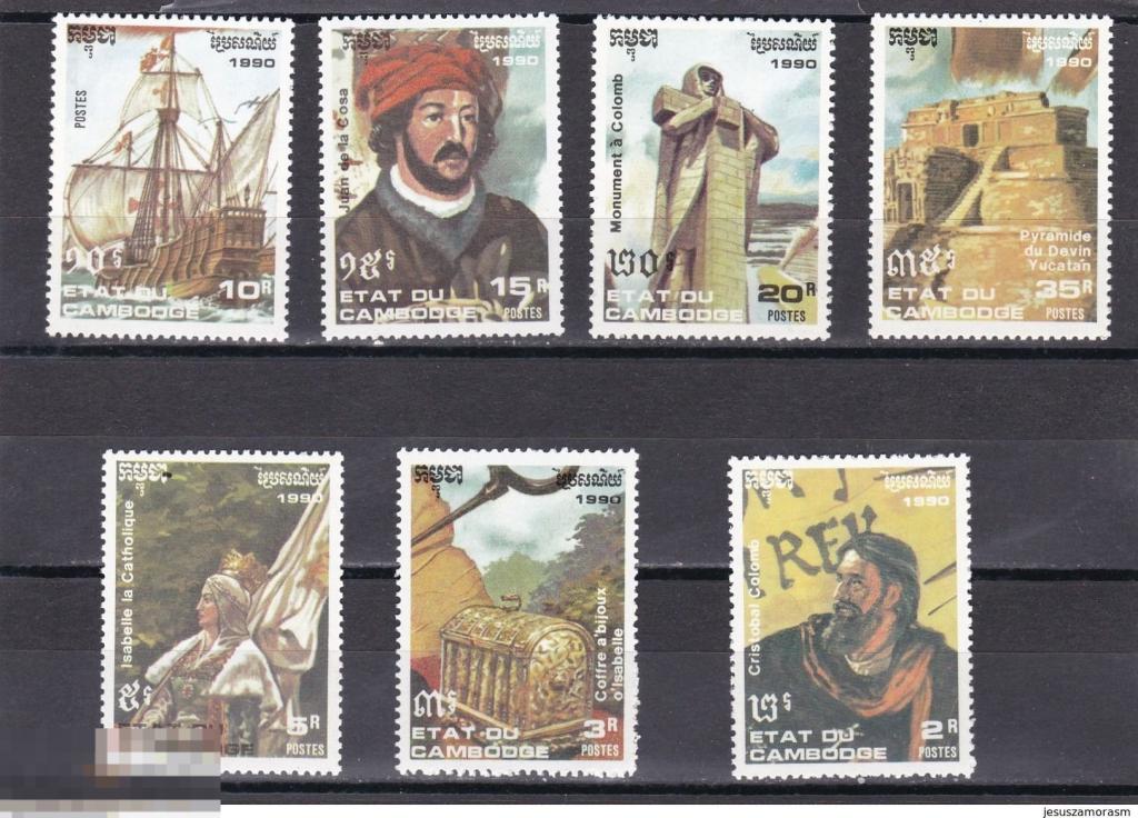КАМБОДЖА 1990 166  КОЛУМБ КАРАВЕЛЛА ПАРУСНИК ПАМЯТНИК МОНУМЕНТ ПИРАМИДА 