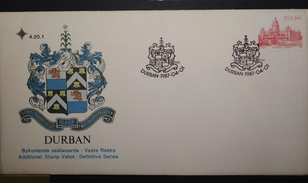 ЮЖНАЯ АФРИКА  1987  ГЕРАЛЬДИКА ГЕРБ ДУРБАН DURBAN  ГАШЕНИЕ 