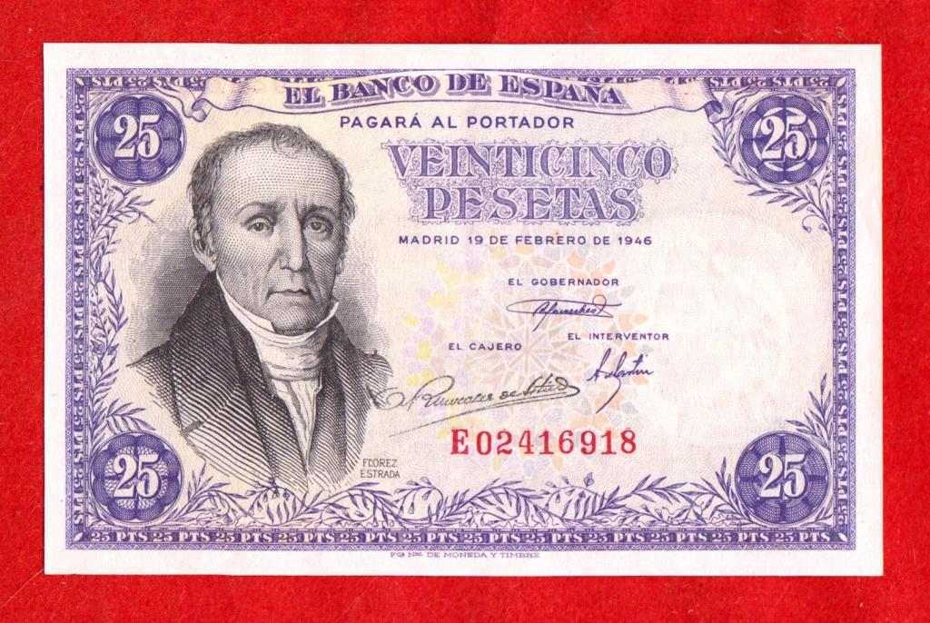 Испания, 25 песет, 1946, aUNC, портрет Флореса ЭСТРАДЫ, № E 02416918