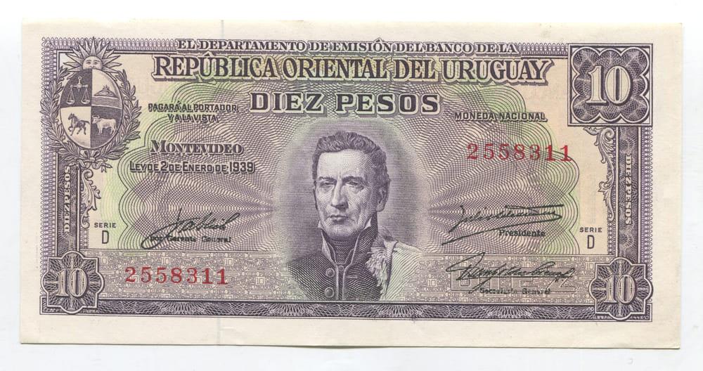 УРУГВАЙ 10 ПЕСО 1939 XF