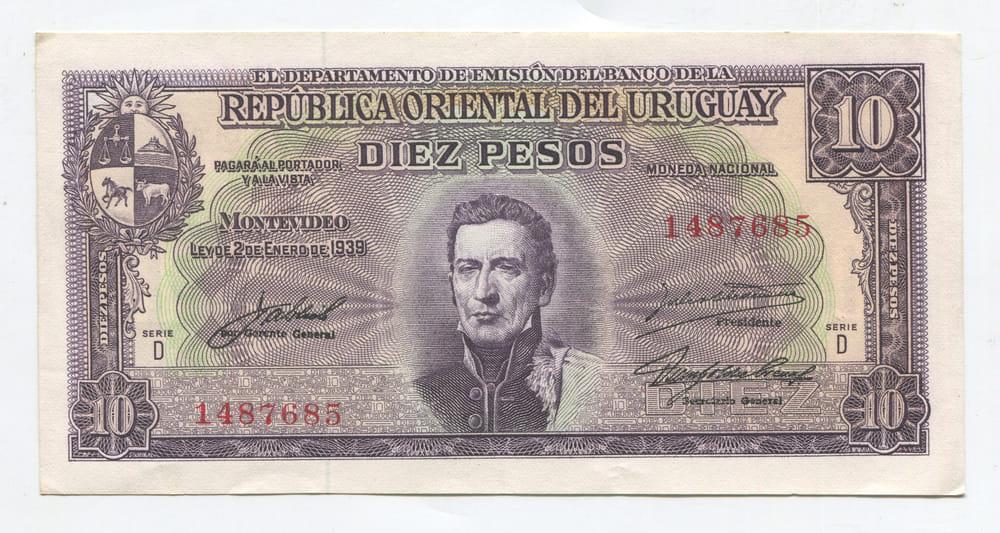 УРУГВАЙ 10 ПЕСО 1939 XF